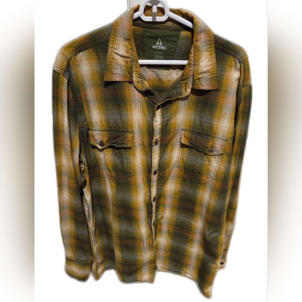 Bass Pro "Ascend" Plaid Button-Up Shirt, Men's Large Green/Yellow, Long Sleeved